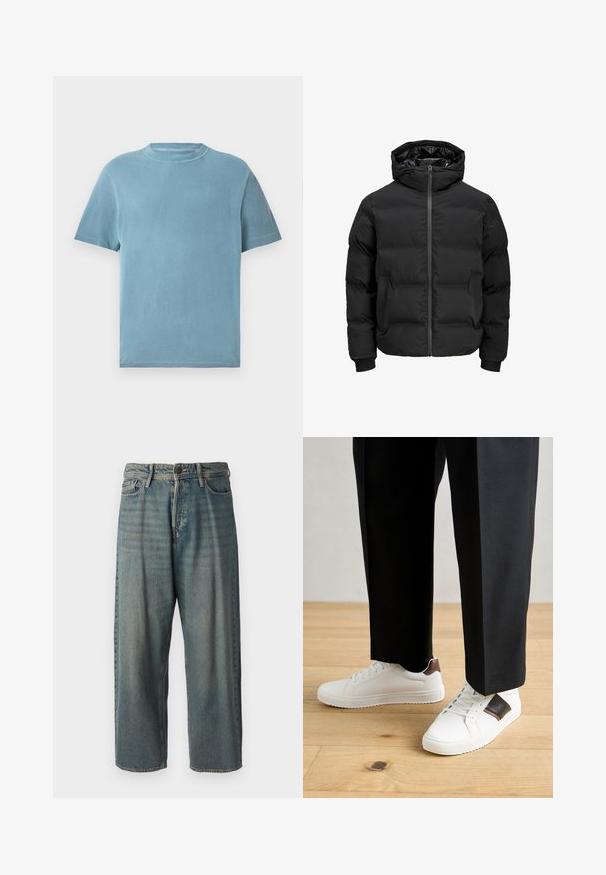 Sort polstret jakke med hætte, der har en frontlynlås, ribbede manchetter og en glat tekstur. Ingen synlige logoer eller mønstre.; Kortærmet T-shirt med rund hals i lys blå bomuld. Stoffet ser blødt ud med en glat tekstur og minimal syning.; Lyseblå denim jeans med løs pasform, mellemhøj talje og lige ben. Har fem lommer, bæltestropper og en knappelukning.; Hvide sneakers med glat tekstur, prydet med brune læderdetaljer og sorte detaljer, sammen med sorte skræddersyede bukser. Baggrund med trægulv.