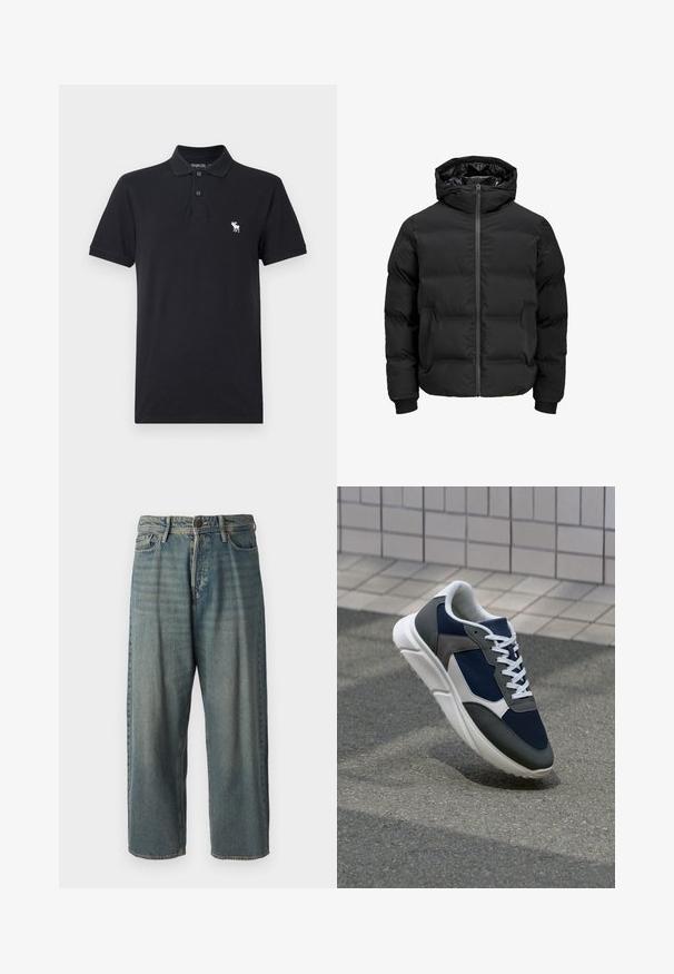 Czarna ocieplana kurtka z kapturem, z przodem zapinanym na zamek błyskawiczny, ściągaczami przy mankietach oraz gładką fakturą. Brak widocznych logotypów lub wzorów.; Czarna koszulka polo wykonana z bawełny. Posiada kołnierz, dwa guziki oraz małe białe logo na lewej piersi. Krótkie rękawy, brak wzorów.; Jasnoniebieskie dżinsy o luźnym kroju, średnim stanie i prostych nogawkach. Posiadają pięć kieszeni, szlufki na pasek oraz zapięcie na guzik.; Sneakers z granatową siateczkową cholewką, szarymi zamszowymi akcentami, białą gumową podeszwą i płaskimi białymi sznurówkami, zaprojektowane z myślą o komforcie i wentylacji.
