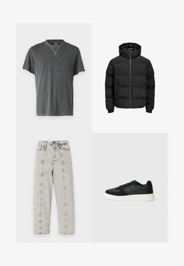 Giacca imbottita nera con cappuccio, dotata di chiusura frontale con zip, polsini a coste e una texture liscia. Senza loghi o fantasie visibili.; T-shirt grigio in cotone con collo rotondo, maniche corte e scollatura testurizzata. Presenta un piccolo logo sul petto e un dettaglio sul fondo laterale.; Jeans grigi alti in vita con vestibilità ampia, caratterizzati da un design a gamba dritta, cuciture visibili e texture distressata.; Sneaker nera bassa con pelle texture e pannelli in suede, suola in gomma bianca e lacci neri su uno sfondo chiaro e semplice.