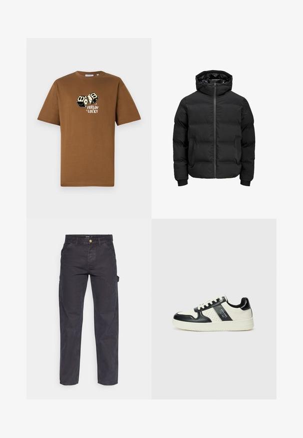 Černá polstrovaná bunda s kapucí, má přední zip, manžety s žebrováním a hladký povrch. Bez viditelných log a vzorů.; Hnědý bavlněný tričko s volným střihem, které zobrazuje grafiku dvou kostek a text "Feelin' Lucky" v bílé barvě pod nimi.; Tmavě šedé cargo kalhoty vyrobené z odolné látky, s rovnými nohavicemi, pěti kapsami a knoflíkovým zapínáním v pase.; Kožené tenisky s černobílou barevnou kombinací, které mají perforované detaily, polstrovaný límec a texturovanou podrážku.