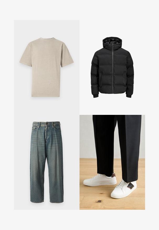 Juoda paminta striukė su gobtuvu, su priekiniais užtrauktukais, raštuotais rankogaliais ir lygia tekstūra. Nėra matomų logotipų ar raštų.; Šviesiai smėlinės spalvos trumpomis rankovėmis marškinėliai su apvaliomis kaklo iškirpėmis, pagaminti iš minkštos medžiagos, su lygiu tekstūru ir paprastu dizainu be grafikos.; Šviesiai mėlyni džinsai su laisvu siluetu, vidutinio aukščio juosmeniu ir tiesiomis kojomis. Su penkiais kišenėmis, diržo kilpo ir mygtukų uždarymu.; Balti sportbačiai su glotnia danga, puošti rudais odiniais akcentais ir juodais detalėmis, derinami su juodais pritaikytais kelnėmis. Medinių grindų fonas.