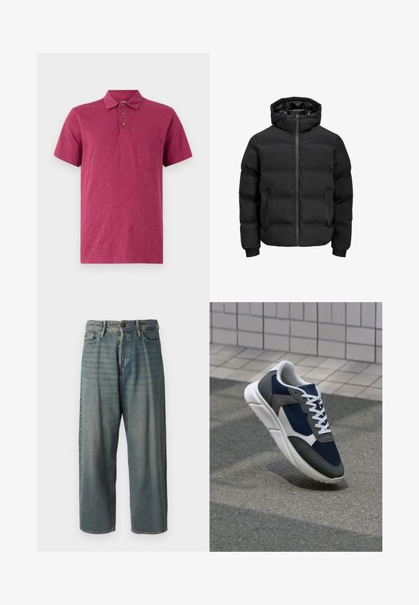 Juoda paminta striukė su gobtuvu, su priekiniais užtrauktukais, raštuotais rankogaliais ir lygia tekstūra. Nėra matomų logotipų ar raštų.; Trumpas rankovėmis polo marškinėliai giliu aviečių spalvos tonu. Pagaminti iš lengvos medžiagos, su apykakle, trijų mygtukų uždarymu ir krūtinės kišene.; Šviesiai mėlyni džinsai su laisvu siluetu, vidutinio aukščio juosmeniu ir tiesiomis kojomis. Su penkiais kišenėmis, diržo kilpo ir mygtukų uždarymu.; Sportiniai bateliai su tamsiai mėlynu tinkliniu viršumi, pilkais zomšiniais akcentais, balta guma padanga ir plokščiomis baltomis raištelėmis, sukurti komfortui ir oro pralaidumui.