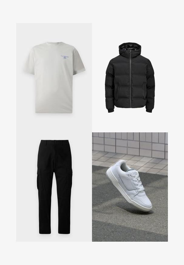 Black padded jacket with a hood, featuring a front zipper closure, ribbed cuffs, and a smooth texture. No visible logos or patterns.; Light gray cotton t-shirt with short sleeves, round neckline, and a small blue logo text on the left chest area. Smooth texture.; Black cargo pants featuring multiple side pockets, a straight leg design, and a button closure, made from durable cotton material.; White leather sneaker with perforated sides, textured accents, flat laces, and a contrasting gray heel. Features a slightly elevated sole.