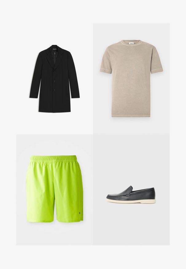Abrigo negro con cuello de muesca, diseño de botones simples, tres botones, dos bolsillos laterales y una capa interna acolchada.; Camiseta de algodón beige con mangas cortas y cuello redondo. Presenta costuras visibles a lo largo de las mangas y el dobladillo. Textura simple y lisa.; Bañador de color verde lima brillante con cinturilla elástica y bolsillos laterales, mostrado sobre un fondo blanco liso.; Mocasines de piel negra sin cordones con un acabado texturizado y una suela de goma beige en contraste. Presentan un sutil acento en la parte frontal.