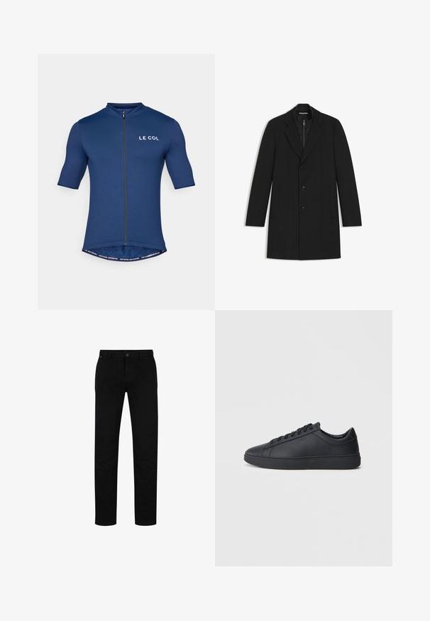 Svart kappa med slagkrage, enknäppt design, tre knappar, två sidofickor och ett quiltat innerlager.; Kortärmad cykeltröja i marinblått, tillverkad av lättviktsmaterial, med dragkedja fram, subtilt varumärkeslogo och kontrasterande kantdetalj.; Svarta bomullsbyxor med rak passform, med knappstängning, bälteshällor och minimalistisk design. Slät textur, utan mönster.; Svarta sneakers i slätt läder med låg design, rund tå och platt gummisula. Har snörning och subtil branding.