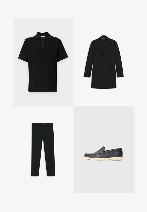 Mustalla pitkä takki, jossa on kaulukset, yksirivinappitus, kolme nappia, kaksi sivutaskua ja tikkivuori.; Mustat lyhyet hihalliset polo-paidat, jotka on valmistettu pehmeästä kankaasta, varustettuna vetoketjukauluksella ja puhtaalla, minimalistisella suunnittelulla ilman ylimääräisiä kuvioita.; Musta housut, joissa on suora lahje, valmistettu sileästä kankaasta. Edessä nappisulku ja vyölenkit. Yksinkertainen ilman kuvioita.; Mustat nahkakengät ilman nauhoja, joissa on teksturoitu pinta ja kontrastoiva beige kumipohja. Kengissä on hillitty yksityiskohta etuosassa.