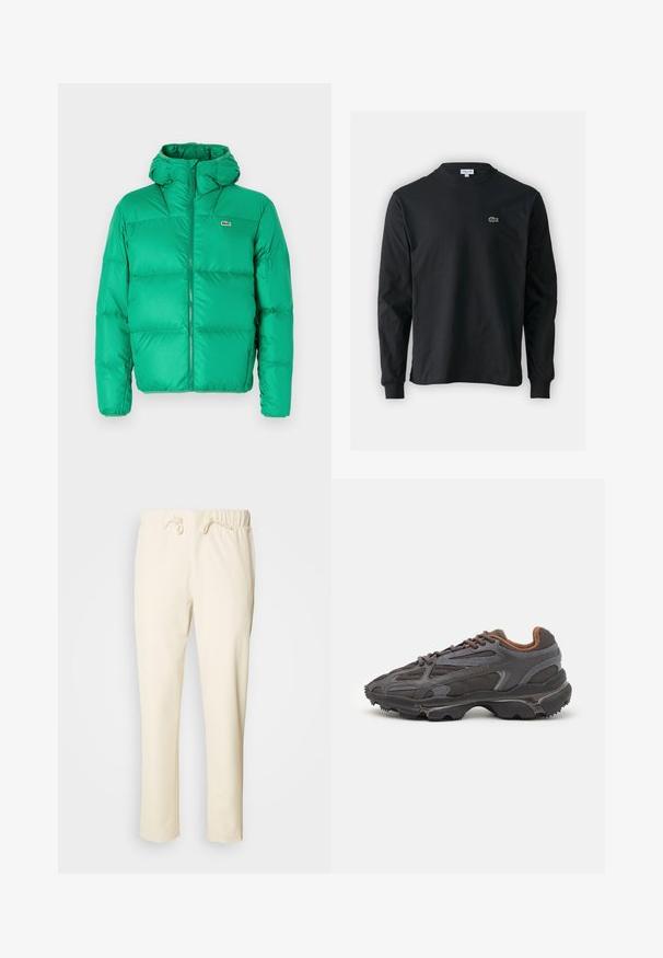 Grüne Pufferjacke mit Kapuze, ausgestattet mit einem Reißverschluss, gesteppter Optik und dem Markenzeichen auf der linken Brust. Glattes, glänzendes Material.; Schwarzes Langarm-T-Shirt aus Baumwolle, mit Rundhalsausschnitt und einem kleinen grünen, gestickten Krokodil-Logo auf der linken Brust.; Helle beige, lässige Hose aus weichem Stoff, mit einem elastischen Bund und Kordelzug sowie seitlichen Taschen.; Lacoste Sneaker in Dunkelgrau aus Mesh und Synthetikmaterial, mit einer strukturierten Sohle und braunen Akzenten am Kragen und Logo.