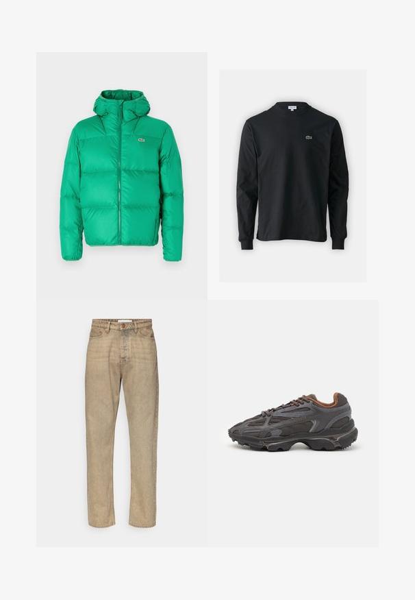 Zelená prošívaná bunda s kapucí, se zipovým zapínáním, prošívaným designem a podpisovým logem na levé části hrudi. Hladký, lesklý materiál.; Černé dlouhé rukávy triko vyrobené z bavlny, s kulatým výstřihem a malým zeleným vyšitým logem krokodýla na levé hrudi.; Béžové denimové džíny se střihy rovné nohavice, s knoflíkovým zapínáním, pěti kapsami a jemnou texturou oděru po celém povrchu.; Sněrovací boty Lacoste v tmavě šedé barvě s síťovinou a syntetickým materiálem, prezentující texturovanou podrážku a hnědé detaily na límci a logu.