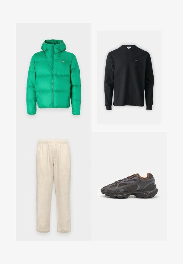 Groene pufferjack met een capuchon, met een ritsluiting, gestikt ontwerp en het kenmerkende logo op de linkerborst. Glad, glanzend materiaal.; Zwarte longsleeve t-shirt van katoen, met een ronde halslijn en een klein groen geborduurd krokodillenlogo op de linkerborst.; Samsøe Samsøe JABARI - Broek - castle wall; Lacoste sneakers in donkergrijs van mesh en synthetisch materiaal, met een gestructureerde zool en bruine accenten op de kraag en branding.