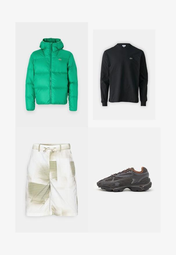 Žalias pūkuotas džemperis su kapišonu, turintis užtrauktuką, siuvinėtu dizainu ir firminiu logotipu kairėje krūtinės pusėje. Lygi, blizganti medžiaga.; Juodas ilgomis rankovėmis marškinėliai iš medvilnės, turintys apvalią iškirptę ir mažą žalią išsiuvinėtą krokodilo logotipą kairėje krūtinės pusėje.; Vyrų šortai iš lengvos medžiagos, su balta baze ir žalių atspalvių tinkleliui. Įtrauktas raištelis juosmeniui.; Lacoste sportbačiai tamsiai pilki, pagaminti iš tinklinės ir sintetinių medžiagų, su tekstūruotu padu ir rudomis detalėmis ant apykaklės bei prekės ženklo.