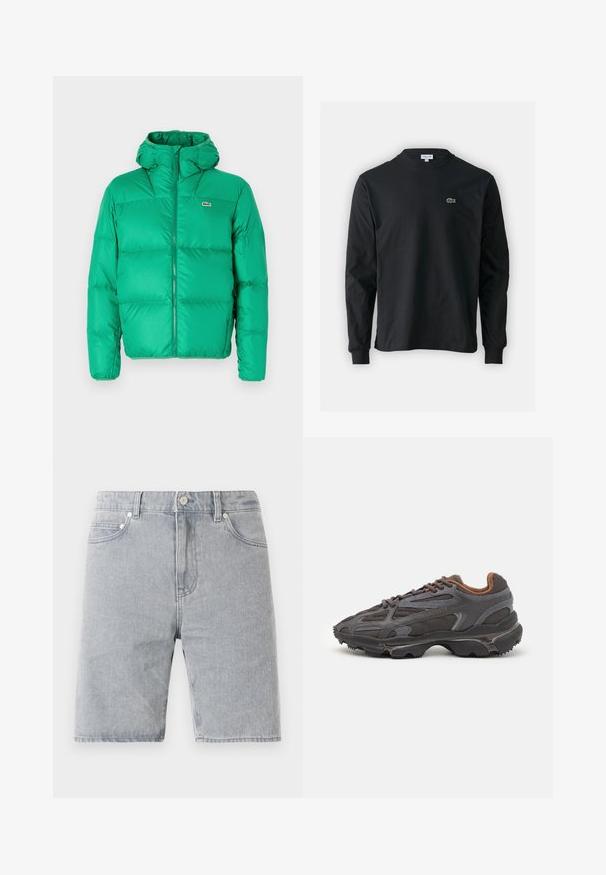 Vihreä puffatakki hupulla, jossa on vetoketjukiinnitys, tikattu muotoilu ja allekirjoituslogo vasemmassa rinnassa. Sileä, kiiltävä materiaali.; Musta pitkähiha t-paita, joka on valmistettu puuvillasta. Paita on varustettu pyöreällä kaula-aukolla ja vasemmassa rinnassa on pieni vihreä brodeerattu krokotiililogo.; Vaaleanharmaat farkkushortsit suoralinjaisella leikkauksella, viisi taskua, nappikiinnitys ja kontrastiväriset ompeleet.; Lacoste-tennar i mörkgrått med nät- och syntetmaterial, med en texturerad sula och bruna accenter på kragen och märket.