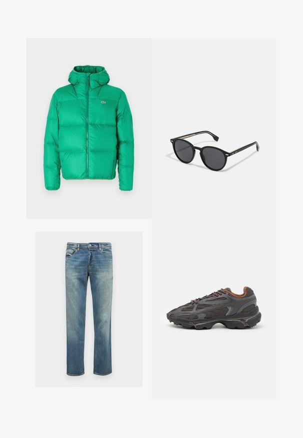 Žalias pūkuotas džemperis su kapišonu, turintis užtrauktuką, siuvinėtu dizainu ir firminiu logotipu kairėje krūtinės pusėje. Lygi, blizganti medžiaga.; Raudona medvilninė marškinė su trumpomis rankovėmis, apvaliu kaklu ir mažu logo kairėje krūtinės pusėje. Lygi tekstūra ir įprasta forma.; Mėlyni džinsai su tiesiu kirpimu, lengvą plaunimo, penkių kišenių dizainu, subtiliu siuvinėjimu ir mygtuko bei užtrauktuko uždarymu.; Lacoste sportbačiai tamsiai pilki, pagaminti iš tinklinės ir sintetinių medžiagų, su tekstūruotu padu ir rudomis detalėmis ant apykaklės bei prekės ženklo.; BOSS Akiniai nuo saulės - black