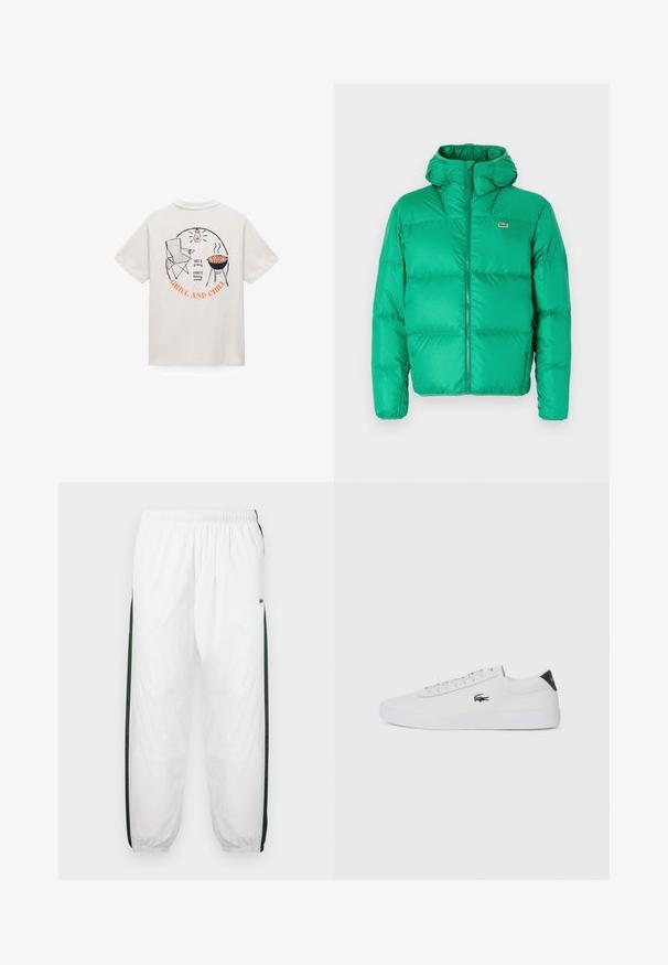 Zaļš pūkains jaku ar kapuci, ar rāvējslēdzēju, kvadrātu dizainu un paraksta logo kreisajā krūtīs. Gluda, spīdīga materiāla.; Balta T-krekls ar aizmugurē drukātu attēlu, kurā redzama saliekamā krēsls, grils ar desiņām, laterna un uzraksts "425°F grilēšana, 600°F picu cepšana, GRILĒ UN RELAKSĒ".; Baltas sporta bikses ar tumši zaļām sānu joslām. Viegls materiāls, elastīga josta un aproces apakšā. Satur acu auduma tekstūru sānu joslās.; Baltas ādas sporta apavu modelis ar noapaļotu purngalu, sasienamu priekšpusi un melnu papēža akcentu. Satur nelielu izšūtu krokodila logo sānos.