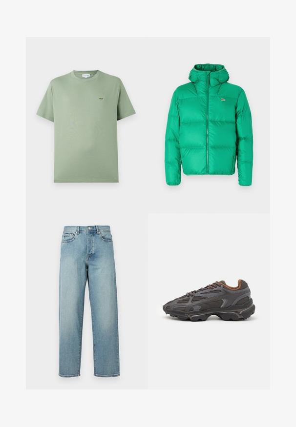 Jachetă puf verde cu glugă, cu închidere cu fermoar, design matlasat și logo-ul semnătură pe partea stângă a pieptului. Material neted, lucios.; Tricou din bumbac de culoare verde deschis, cu guler rotund, mâneci scurte și un logo mic pe partea stângă a pieptului. Textură netedă, croială standard.; Blugi din denim de un albastru deschis, cu o croială lejeră, picioare drepti, design cu cinci buzunare și închidere cu nasture la talie. Detaliu de cusătură minimalist.; Adidași Lacoste de culoare gri închis, din material mesh și sintetic, cu o talpă texturată și accente maronii pe guler și branding.