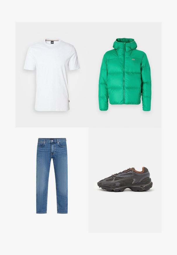 Žalias pūkuotas džemperis su kapišonu, turintis užtrauktuką, siuvinėtu dizainu ir firminiu logotipu kairėje krūtinės pusėje. Lygi, blizganti medžiaga.; BOSS THOMPSON - Paprasti marškinėliai - natural; Mėlyni tiesūs džinsai su penkiais kišenėmis, mygtuku ir užtrauktuku, subtiliu išblukimu ant šlaunų.; Lacoste sportbačiai tamsiai pilki, pagaminti iš tinklinės ir sintetinių medžiagų, su tekstūruotu padu ir rudomis detalėmis ant apykaklės bei prekės ženklo.