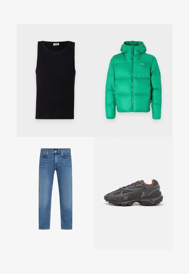 Grøn pufferjakke med hætte, der har lynlåslukning, kviltet design og signaturlogo på venstre bryst. Glat, skinnende materiale.; Sort sansædet tanktop lavet af blød bomuld. Har en rund halsudskæring og lige pasform, med minimal syningdetalje.; Blå straight-leg denimjeans med fem lommer, knap og lynlås lukning, og subtil falming på lårene.; Lacoste sneakers i mørkegrå med mesh og syntetisk materiale, udstyret med en tekstureret sål og brune accenter på kraven og brandingen.