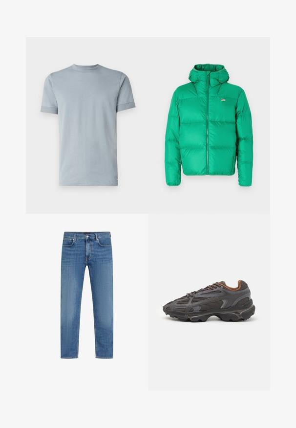 Jachetă puf verde cu glugă, cu închidere cu fermoar, design matlasat și logo-ul semnătură pe partea stângă a pieptului. Material neted, lucios.; DRYKORN ANTON - Tricou basic - blau; Jeans din denim drept, de culoare albastră, cu cinci buzunare, închidere cu buton și fermoar, și o ușoară decolorare pe coapse.; Adidași Lacoste de culoare gri închis, din material mesh și sintetic, cu o talpă texturată și accente maronii pe guler și branding.