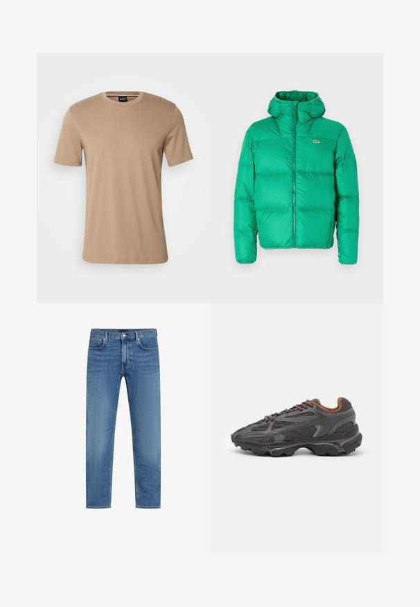 Grön puffjacka med huva, med dragkedjestängning, quiltat mönster och signaturlogotyp på vänster bröst. Slät, glänsande material.; Beige t-shirt med kort ärm, tillverkad av mjuk bomull, med rund halsringning och subtil logotyp på bröstet. Enkel och minimalistisk design.; Blå raka denimjeans med fem fickor, knapp- och dragkedjsstängning, samt en subtil blekning på låren.; Lacoste-sneakers i mörkgrått med nät och syntetmaterial, med en strukturerad sula och bruna detaljer på kragen och varumärket.