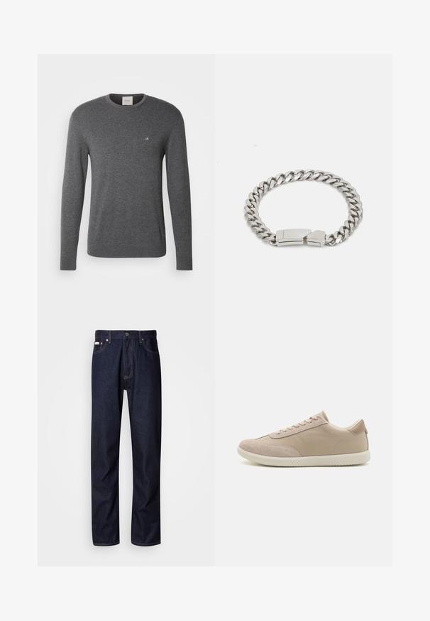 Černá péřová bunda s lesklou, prošívanou strukturou, s kapucí, zapínáním na zip a elastickými manžetami pro teplo a pohodlí.; Calvin Klein SWEATER - Svetr - dark grey heather; Tmavomodré džínové kalhoty se střihováním rovného nohavice, s knoflíkovým zapínáním, pěti kapsami a kontrastním prošíváním.; Beige tenisky s kombinací semiše a plátna, s tkaničkami, kulatou špičkou, texturovanou podešví a decentním logem značky na boku.; Calvin Klein ELECTRIC - Náramek - silver-coloured