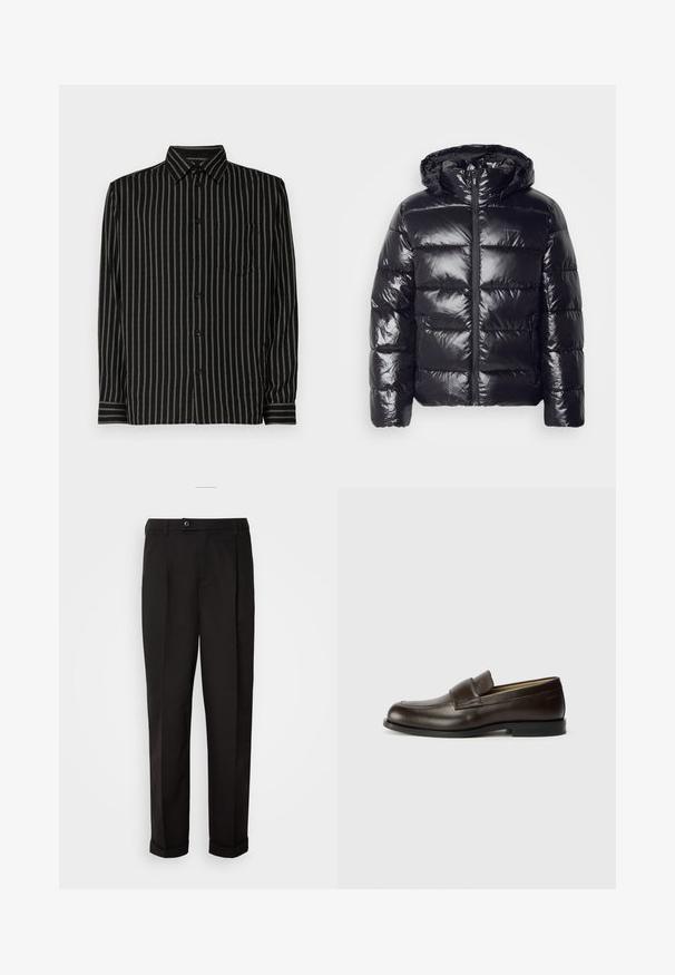 Černá péřová bunda s lesklou, prošívanou strukturou, s kapucí, zapínáním na zip a elastickými manžetami pro teplo a pohodlí.; Černá košile s vertikálními bílými pruhy, s límečkem, dlouhými rukávy, kapsou na prsou a knoflíkovým zapínáním. Materiál vypadá hladce a lehce.; Černé kalhoty s hladkou texturou, rázovaného střihu, dvěma předními kapsami a jedním knoflíkovým zapínáním v pase.; Calvin Klein Polobotky - cocoa brown