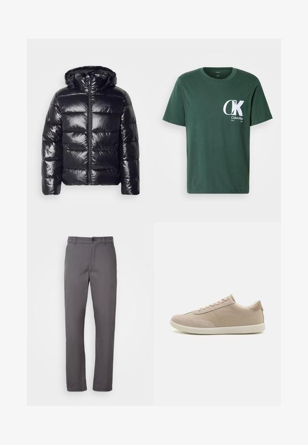 Black puffer jacket with a shiny, quilted texture, featuring a hood, zipper closure, and elastic cuffs for warmth and comfort.; Green cotton T-shirt with short sleeves, round neck, featuring a large white CK logo on the chest and "Calvin Klein EST 1968" text.; Gray cotton blend trousers with a straight-leg cut, featuring a button closure and belt loops, smooth texture, and no visible patterns.; Beige sneaker with a mix of suede and canvas materials, featuring laces, round toe, textured sole, and subtle brand logo on the side.