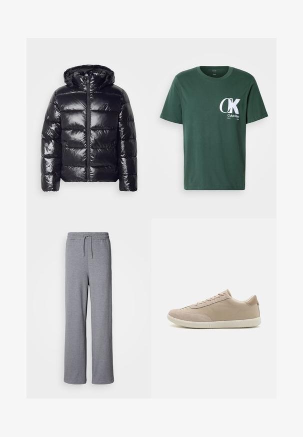 Fekete pufferszövet dzseki fényes, steppelt textúrával, kapucnival, cipzáras záródással és elasztikus mandzsettákkal a melegség és kényelem érdekében.; Zöld pamut póló rövid ujjakkal, kerek nyakkal, amelyen egy nagy fehér CK logó található a mellrészen, valamint a "Calvin Klein EST 1968" felirat.; Szürke, bő szárú melegítőnadrág puha anyagból; rugalmas derékkal és zsinórral rendelkezik, zsebek nélkül. Egyszerű, díszítés nélküli dizájn.; Beige sportcipő, ami a velúr és vászon anyagok keverékéből készült, fűzőkkel, kerek orral, texturált talppal és diszkrét márkalogóval az oldalon.