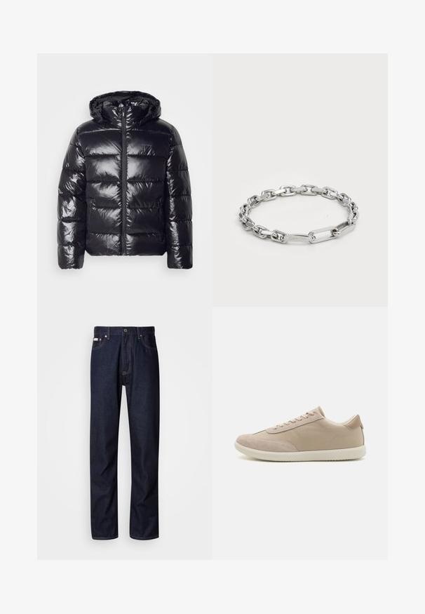 Black puffer jacket with a shiny, quilted texture, featuring a hood, zipper closure, and elastic cuffs for warmth and comfort.; Green cotton T-shirt with short sleeves, round neck, featuring a large white CK logo on the chest and "Calvin Klein EST 1968" text.; Dark blue denim jeans with a straight-leg design, featuring a button fly, five pockets, and contrasting stitching details.; Beige sneaker with a mix of suede and canvas materials, featuring laces, round toe, textured sole, and subtle brand logo on the side.; Silver chain bracelet featuring oval and rectangular links with a smooth texture. Engraved Calvin Klein logo on a flat link.