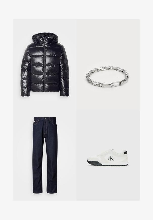 Jachetă puffer neagră cu o textură lucioasă, matlasată, având glugă, închidere cu fermoar și manșete elastice pentru căldură și confort.; Tricou verde din bumbac cu mâneci scurte, guler rotund, având un mare logo alb CK pe piept și textul "Calvin Klein EST 1968".; Blugi din denim de culoare albastru închis, cu un design drept, având un sistem de închidere cu nasturi, cinci buzunare și detalii de cusătură contrastante.; Tenis Calvin Klein alb cu talpa neagră, cu panouri din piele întoarsă și plasă, logo-ul CK pe lateral și branding Calvin Klein pe toc și talpă.; Brățară din lănțișor de argint cu link-uri ovale și dreptunghiulare, având o textură netedă. Logo-ul gravat Calvin Klein pe un link plat.