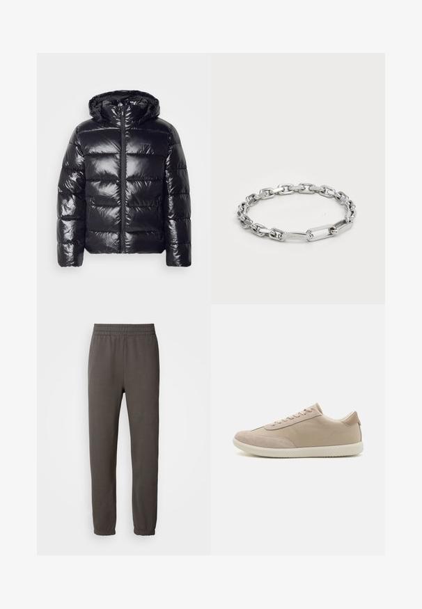 Svart puffjacka med en glänsande, quiltad textur, utrustad med huva, dragkedjeslutning och elastiska manschetter för värme och komfort.; Grön bomullströja med korta ärmar, rund hals, med en stor vit CK-logotyp på bröstet och texten "Calvin Klein EST 1968".; Mörkgrå sweatpants med elastisk midja, avsmalnande ben och ribbade muddar. Har en liten logotyp på låret. Tillverkad av mjukt tyg.; Beige sneakers med en blandning av mocka och kanvasmaterial, med snörning, rund tå, texturerad sula och en diskret varumärkeslogotyp på sidan.; Silverfärgad kedjearmband med ovala och rektangulära länkar med en slät yta. Graverad Calvin Klein-logo på en platt länk.