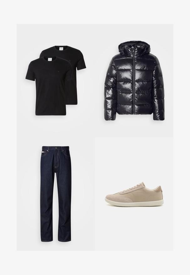 Black puffer jacket with a shiny, quilted texture, featuring a hood, zipper closure, and elastic cuffs for warmth and comfort.; Black cotton t-shirts with crew necks and short sleeves. Features small logo on the chest. Supplied as a pack of two.; Dark blue denim jeans with a straight-leg design, featuring a button fly, five pockets, and contrasting stitching details.; Beige sneaker with a mix of suede and canvas materials, featuring laces, round toe, textured sole, and subtle brand logo on the side.