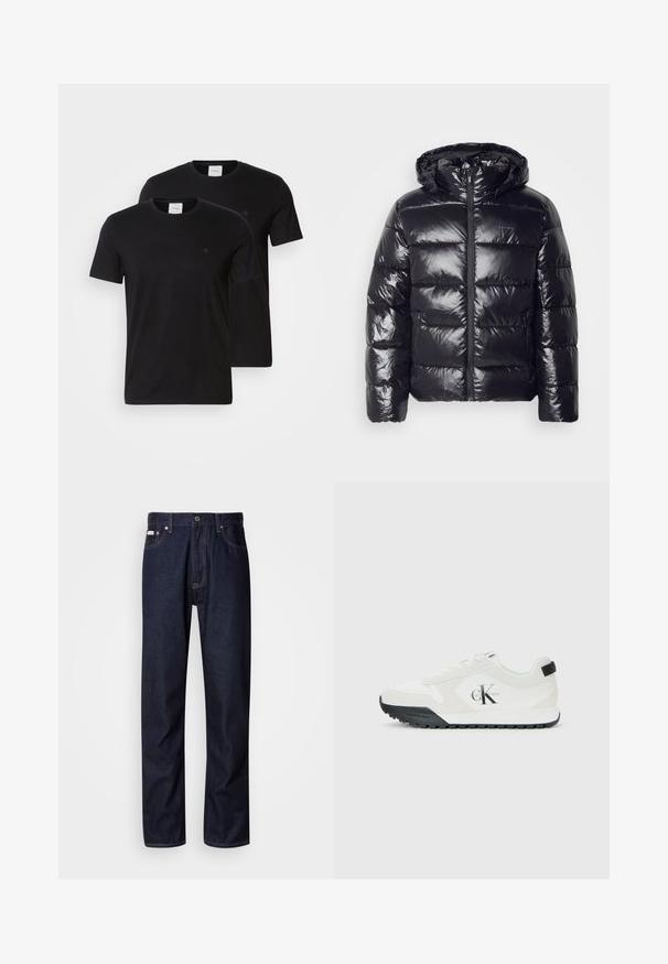 Svart pufferjakke med en blank, quiltet tekstur, som har hette, glidelås-lukking og elastiske mansjetter for varme og komfort.; Sorte bomull t-skjorter med rund hals og korte ermer. Har liten logo på brystet. Leveres som et par.; Mørkeblå denimjeans med rett ben-design, som har knappestolpe, fem lommer og kontrasterende sømdetaljer.; Calvin Klein hvit sneaker med svart såle, semsket skinn og mesh-paneler, CK-logo på siden, samt Calvin Klein-merke på hælen og sålen.