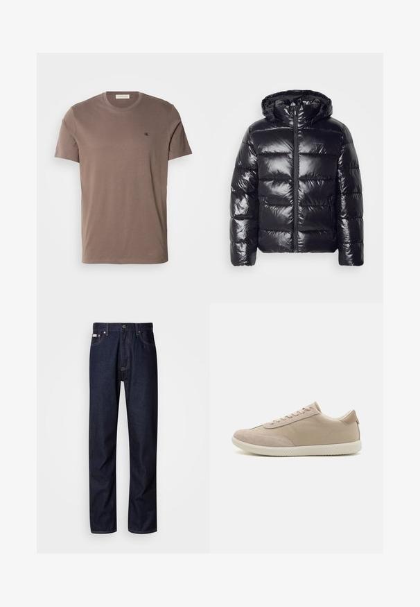 Mustan värvi pufftakki särava, vatitud tekstuuriga, millel on kapuuts, tõmblukk ja elastsed mansetid, et pakkuda soojust ja mugavust.; Pruun puuvillane t-särk ringkaelusega, lühikeste varrukatega ning väikese musta logoga vasakul rinnal. Sile tekstuur ja ühtlane värv.; Tumed sinine denimist teksapüksid sirge sääre disainiga, mis on varustatud nööbiluku, viie tasku ja kontrastsete õmblustega detailidega.; Beežid tossud, mis on valmistatud segatud samet- ja kanvasmaterjalidest, millel on paelad, ümmargune nina, tekstureeritud tallad ning tagasihoidlik kaubamärgi logo küljel.