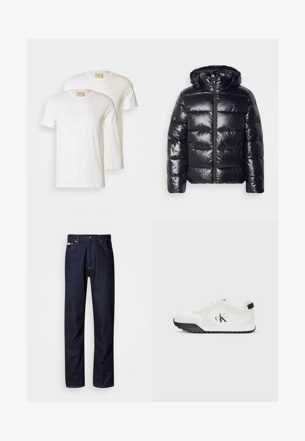 Casaco acolchoado preto com uma textura brilhante e acolchoada, apresentando capuz, fecho de correr e punhos elásticos para aquecimento e conforto.; T-shirts brancos de algodão com mangas curtas, gola redonda e um pequeno logótipo no peito, apresentados em embalagem de dois. Textura suave.; Jeans de denim azul-escuro com um design de perna reta, apresentando um fecho de botão, cinco bolsos e detalhes de costura em contraste.; Sapatilha branca Calvin Klein com sola preta, painéis em camurça e malha, logo CK na lateral, e marca Calvin Klein no calcanhar e na sola.