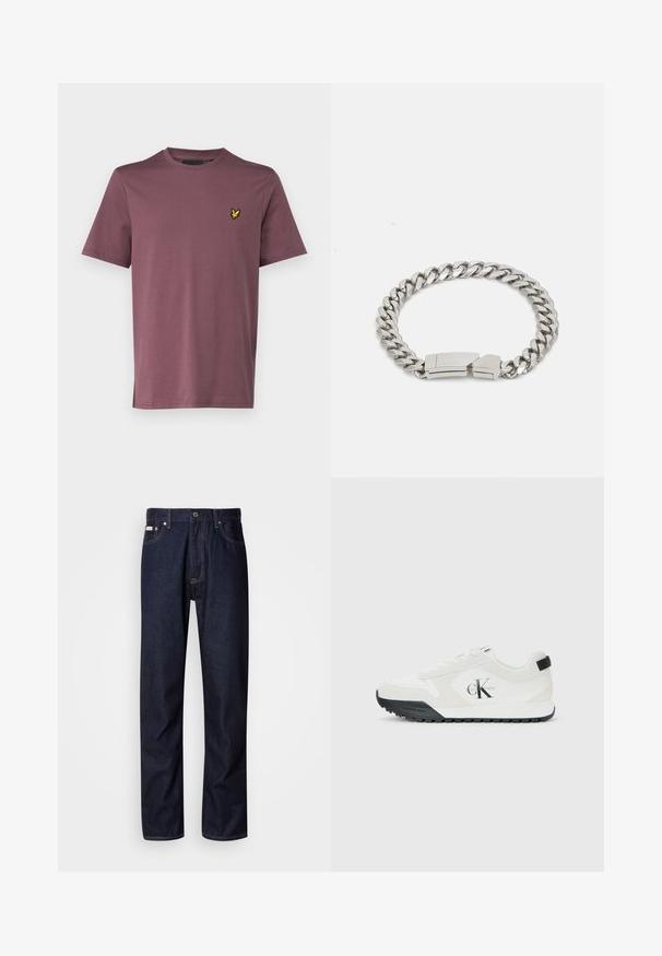 Giacca a vento nera imbottita con una texture lucida e trapuntata, dotata di cappuccio, chiusura con zip e polsini elastici per calore e comfort.; Lyle & Scott T-shirt basic - highland mauve; Jeans in denim blu scuro con un design a gamba dritta, dotati di chiusura con bottoni, cinque tasche e dettagli di cucitura a contrasto.; Sneaker bianco Calvin Klein con suola nera, pannelli in suede e mesh, logo CK sul lato e branding Calvin Klein sul tallone e sulla suola.; Calvin Klein ELECTRIC - Bracciale - silver-coloured