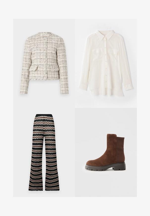 Kremowa i czarna, teksturowana marynarka z tweedu z okrągłym dekoltem, zapięciem na guziki i dwoma przednimi kieszeniami. Postrzępione krawędzie oraz dopasowany fason.; Biała koszula zapinana na guziki wykonana z lekkiego materiału. Posiada klasyczny kołnierzyk, dwie kieszenie na piersiach oraz nieco dłuższy tylny brzeg.; Dzianinowe spodnie z rozszerzanymi nogawkami w wzór zygzak w kolorach czarnym, białym i brązowym. Posiadają teksturowane wykończenie i elastyczny pas.; Brązowy zamszowy botek za kostkę z elastycznymi panelami bocznymi, okrągłym noskiem i grubą gumową podeszwą z teksturowanym bieżnikiem.