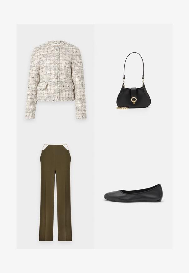 Kermesin ja mustan tekstuurin omaava tweed-puku, jossa on pyöreä kaula-aukko, nappikiinnitys ja kaksi etup pockets. Repaleiset reunat ja napakka malli.; Valkoinen paita, jossa on pyöreä pääntie, pleatattu etuosa ja kolmannespuolen puffihihat. Valmistettu kevyestä kankaasta, joka tuntuu pehmeältä.; Vihreät leveät housut oliivinvihreästä, sileästä kankaasta, joissa on kultaketjuakennuksia vyötäröllä. Suora leikkaus siistillä viimeistelyllä.; Musta nahkainen ballerina, jossa on pyöristetty kärki, sileä pinta, minimaalinen ommelkoristelu ja joustava pohjamuotoilu.; sandro JANET - Käsilaukku - noir