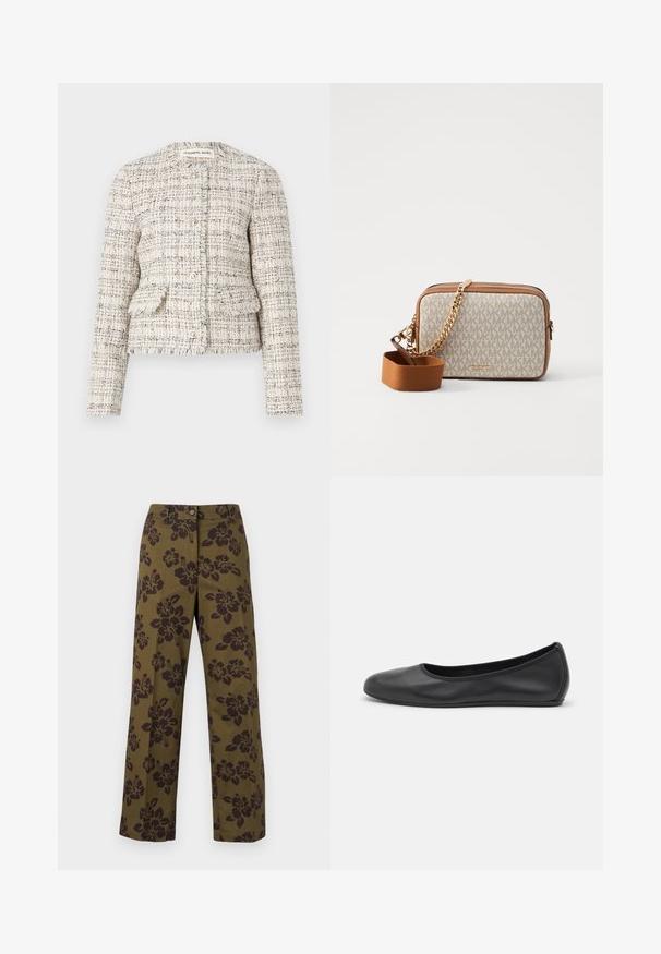 Kermesin ja mustan tekstuurin omaava tweed-puku, jossa on pyöreä kaula-aukko, nappikiinnitys ja kaksi etup pockets. Repaleiset reunat ja napakka malli.; Valkoinen paita, jossa on pyöreä pääntie, pleatattu etuosa ja kolmannespuolen puffihihat. Valmistettu kevyestä kankaasta, joka tuntuu pehmeältä.; Oliivivihreät leveälahkeiset housut puuvillasta, jotka ovat tumman kukallisella kuviolla, napin kiinnityksellä ja suora helma.; Musta nahkainen ballerina, jossa on pyöristetty kärki, sileä pinta, minimaalinen ommelkoristelu ja joustava pohjamuotoilu.; Olkalaukku, jossa on kerma värinen kangas, jossa on toistuva MK-logo-kuvio, ruskeat nahkaosuudet ja kultaketjuolkaint. Mukana irrotettava ruskea hihna.