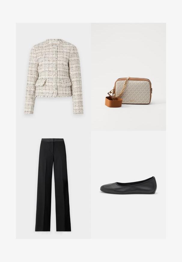 Cream and black textured tweed blazer with a round neckline, button closure, and two front pockets. Frayed edges and fitted design.; White blouse with a scoop neckline, pleated front, and three-quarter puff sleeves. Made of lightweight fabric with a soft texture.; Black wide-leg trousers featuring a smooth waistband and a sleek, tailored design. Made from lightweight fabric with a flowing texture.; Black leather ballet flat with a rounded toe, smooth texture, minimal stitching detail, and a flexible sole design.; Crossbody bag with a cream fabric featuring a repeated MK logo pattern, brown leather accents, and a gold chain strap with a detachable brown strap.