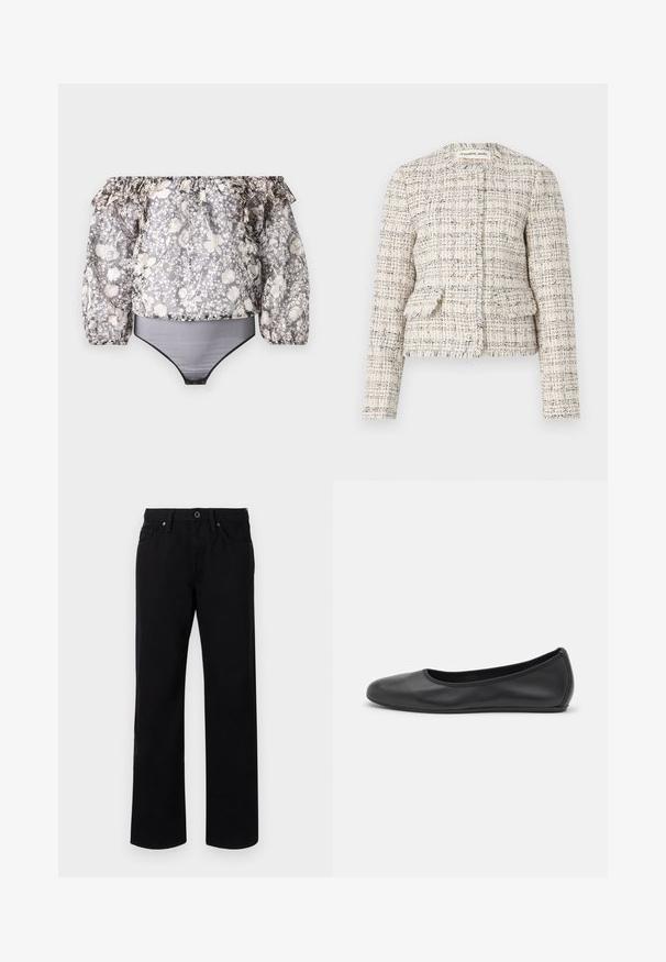 Krēmkrāsas un melns teksturēts tweed žakets ar apaļu kakla izgriezumu, pogu aizdari un divām priekšējām kabatām. Sabrukuši mali un pieguļošs dizains.; Mugurā ķermeņa uzvalks ar atklātām plecu daļām, ziedu motīviem, viļņotiem piedurknēm, melnu apdari un sajauktu pelēku, baltu un beidzinu rakstu. Materiāls ir viegls.; Melnas taisnas kājas džinsi, izgatavoti no kokvilnas, ar priekšējo pogu aizdari, jostu cilpām un piecām kabatām. Gluda tekstūra bez rakstiem.; Melna ādas baleta kurpe ar noapaļotu purngalu, gludu tekstūru, minimālu šuvju detalizāciju un elastīgu zoles dizainu.