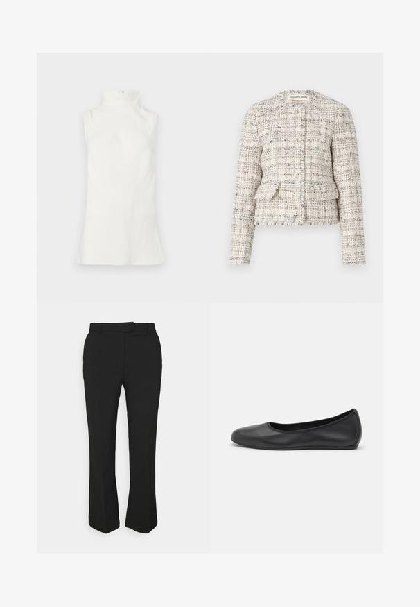 Cream and black textured tweed blazer with a round neckline, button closure, and two front pockets. Frayed edges and fitted design.; Sleeveless white turtleneck top made of soft fabric. Features a high collar and a slightly flared hem with no visible patterns or embellishments.; Black tailored pants with a straight-leg design, featuring belt loops and side pockets. Made from smooth fabric with a clean finish.; Black leather ballet flat with a rounded toe, smooth texture, minimal stitching detail, and a flexible sole design.