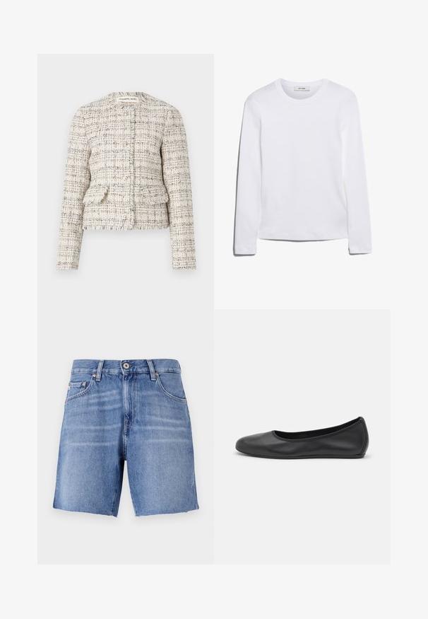Sakou od krem i crnog teksturiranog tvida s okruglim izrezom, kopčanjem na dugmad i dva prednja džepa. S raspucanim rubovima i pripijenim dizajnom.; Dugi rukav bijela majica od rebrastog pamuka, s okruglim izrezom i ravnim rubom. Jednostavan dizajn bez uzoraka ili naglasaka.; Svijetloplave traper šortse s ravnim krojem, rasparanim rubom, pet džepova i metalnim kopčanjem. Tkanina ima glatku teksturu s blagim izblijeđenjem.; Crne kožne baletanke s zaobljenim vrhom, glatke teksture, minimalnim detaljima šavova i fleksibilnim dizajnom potplata.