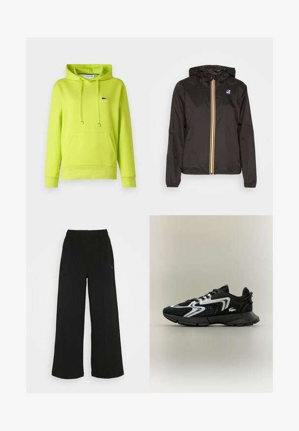 Juoda lengva striukė su kapišonu, su centriniu užtrauktuku, papuošta raudonomis, geltonomis ir baltomis juostelėmis, ir logotipu kairiajame krūtinės regione.; Šviesiai žalia su gobtuvu megztinis su priekiu kišenė, reguliuojamais raišteliais, garbanojimais ant rankovių ir mažu logotipu ant krūtinės. Minkšta tekstūra.; Juodi plačios kojų kelnės su elastinga liemene. Pagamintos iš minkštos, lengvos medžiagos. Yra vertikalūs siūlai priekyje.; Juodi sportiniai bateliai su tinklinėmis panelėmis, sidabriniais akcentais ir tekstūruotais juodais papildais. Su raišteliais ir išlenktu, tvirtu padu.