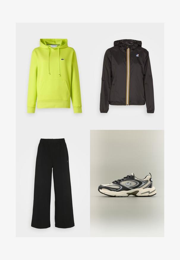 Černá lehká bunda s kapucí, která má centrální zip s červenými, žlutými a bílými pruhy, a logem na levém prsu.; Světle zelená mikina s kapucí, přední kapsou, nastavovacími šňůrkami, žebrovanými rukávy a malým logem na hrudi. Měkký materiál.; Černé široké kalhoty s elastickým pasem. Vyrobené z měkkého, lehkého materiálu. Obsahují vertikální švy na přední straně.; Černé a béžové síťované tenisky mají polstrovaný límec, texturovaný svršek a výrazné logo na boku. Elegantní design s zakřivenou podrážkou.