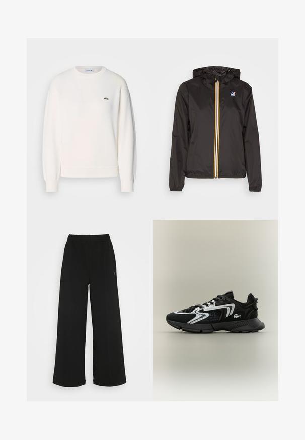 Zwarte lichtgewicht jacket met een capuchon, heeft een centrale rits met rode, gele en witte strepen, en een logo op de linkerkant van de borst.; Witte sweatshirt van zacht materiaal, met een ronde hals, lange mouwen, ribgebreide manchetten en een klein groen Lacoste-logo op de borst.; Zwarte wijde broek met een elastische tailleband. Gemaakt van een zachte, lichte stof. Heeft verticale naden aan de voorkant.; Zwarte sportschoenen met gaaspanelen, zilveren accenten en gestructureerde zwarte overlays. Voorzien van veters en een gebogen, stevige buitenzool.