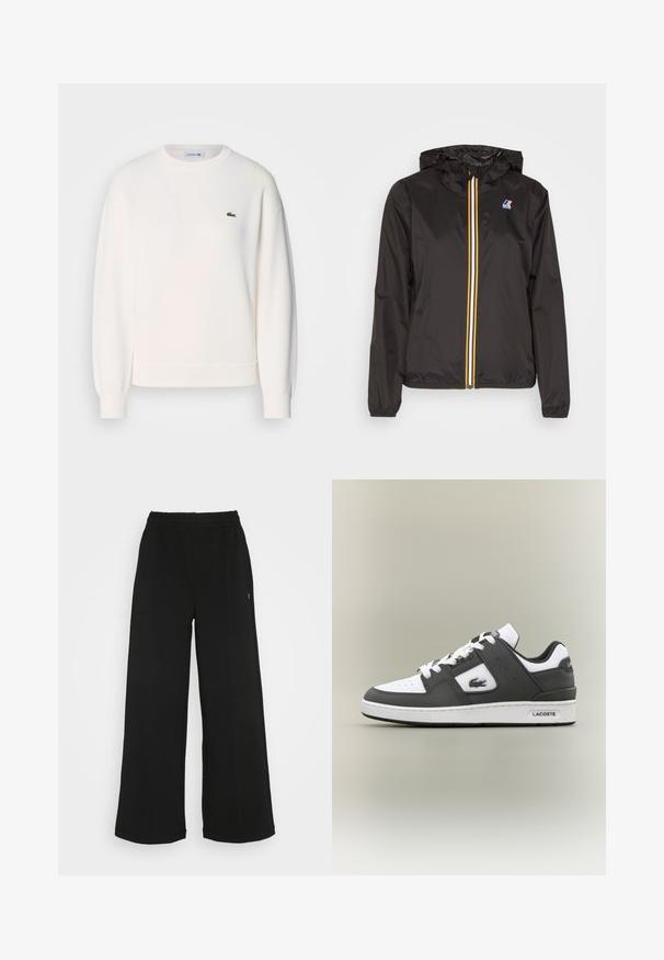 Black lightweight jacket with a hood, features a central zipper with red, yellow, and white stripes, and a logo on the left chest.; White sweatshirt made of soft fabric, featuring a crew neckline, long sleeves, ribbed cuffs, and a small green Lacoste logo on the chest.; Black wide-leg pants with an elastic waistband. Made from a soft, lightweight material. Features vertical seams along the front.; Black and white Lacoste sneaker with white laces, perforated toe, crocodile logo on side, and branded sole on a neutral background.