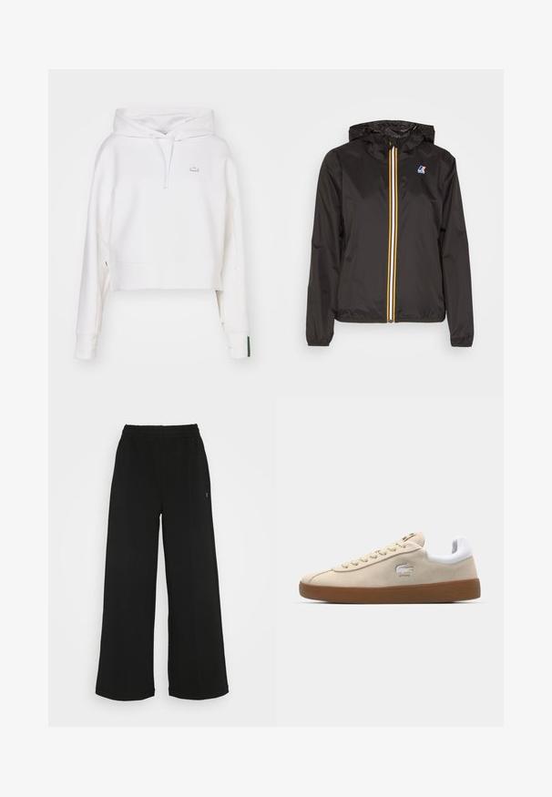 Melnā vieglā jaka ar cepuri, centrāla rāvējslēdzis ar sarkaniem, dzelteniem un baltiem svītrām, un logo uz kreisā krūšu  kabatā.; Balts īsais kapucis no kokvilnas maisījuma, ar regulējamu kapuci, ribinātām piedurknēm un mazu izšuvumu uz krūts.; Melni platās bikses ar elastīgu jostu. Izgatavotas no mīksta, viegla materiāla. Iezīmē vertikālas šuves gar priekšpusi.; Beige zamša sporta apavi ar baltu ādas papēdi un gumijas zoli. Aprīkoti ar šņorēm un krokodila logo uz sāniem. Vienkāršs dizains.