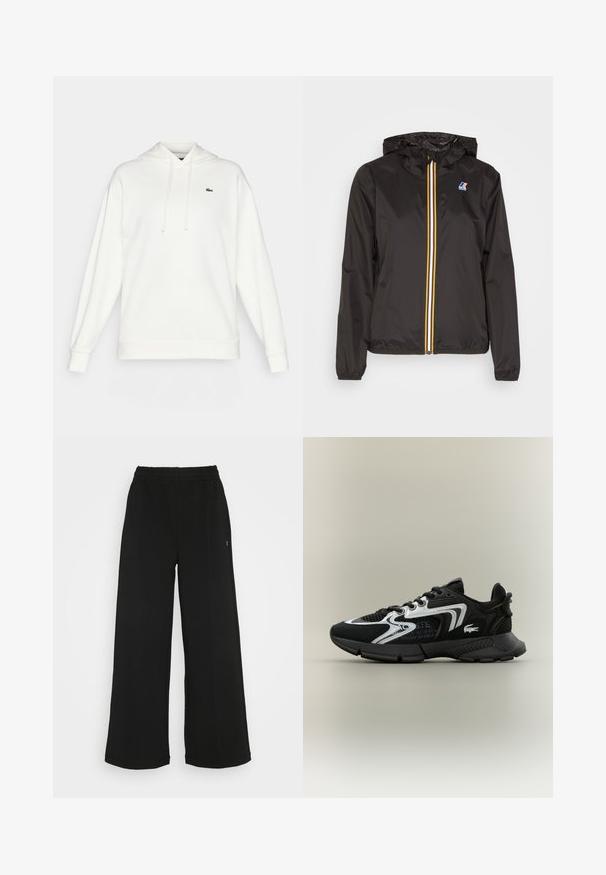 Černá lehká bunda s kapucí, která má centrální zip s červenými, žlutými a bílými pruhy, a logem na levém prsu.; Bílá mikina s kapucí vyrobená z měkké tkaniny, se dlouhými rukávy, šňůrkou na kapuci a malým zeleným logem na hrudi.; Černé široké kalhoty s elastickým pasem. Vyrobené z měkkého, lehkého materiálu. Obsahují vertikální švy na přední straně.; Černé sportovní boty s mesh panely, stříbrnými akcenty a texturovanými černými překryvy. Obsahují šňůrky a zakřivenou, robustní podešev.