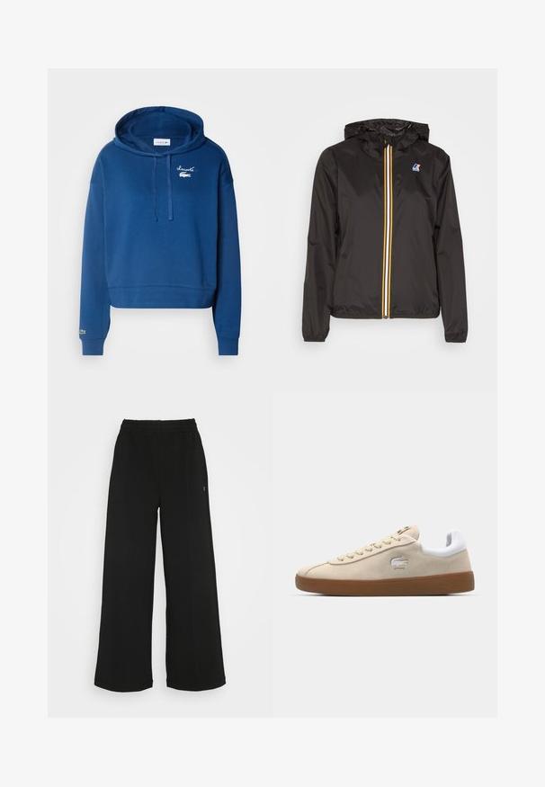 Veste légère noire avec une capuche, dotée d'une fermeture éclair centrale avec des bandes rouges, jaunes et blanches, et d'un logo sur la poitrine gauche.; Hoodie court bleu marine en coton, avec poche kangourou, capuche à cordon de serrage et logo brodé sur la poitrine et la manche.; Pantalons larges noirs avec une taille élastique. Fabriqués à partir d'un matériau doux et léger. Présentent des coutures verticales à l'avant.; Baskets en suède beige avec un talon en cuir blanc et une semelle en gomme. Elles disposent de lacets et d'un logo crocodile sur le côté. Design simple.