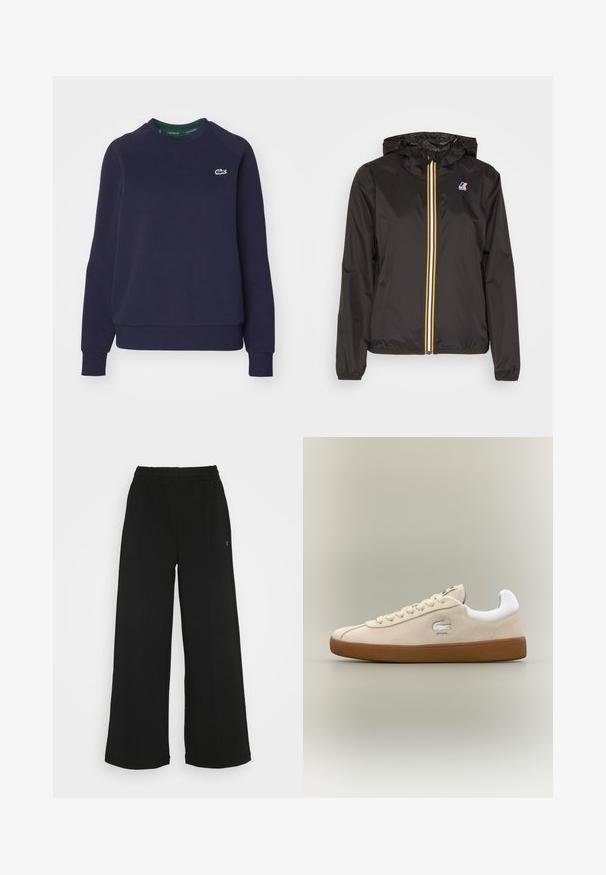 Čierna ľahká bunda s kapucňou, má stredný zips s červenými, žltými a bielymi pruhmi a logom na ľavom prsníku.; Námornícko modré mikina vyrobená z bavlny, s okrúhlym výstrihom, ribbovanými manžetami a malým zeleným logom Lacoste na hrudi.; Čierne široké nohavice s elastickým pásom. Vyrobené z mäkkého, ľahkého materiálu. Obsahujú vertikálne švy po prednej strane.; Béžové semišové tenisky s bielymi akcentmi a gumovou podrážkou. Vyznačujú sa vystúpeným logom na boku a kontrastnými béžovými šnúrkami. Klasický dizajn.