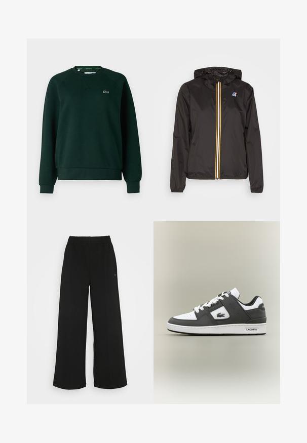 Čierna ľahká bunda s kapucňou, má stredný zips s červenými, žltými a bielymi pruhmi a logom na ľavom prsníku.; Lacoste Mikina - sinople; Čierne široké nohavice s elastickým pásom. Vyrobené z mäkkého, ľahkého materiálu. Obsahujú vertikálne švy po prednej strane.; Čierno-biele tenisky Lacoste s bielymi šnúrkami, perforovanou špičkou, logom krokodíla na boku a s logom na podrážke na neutrálnom pozadí.